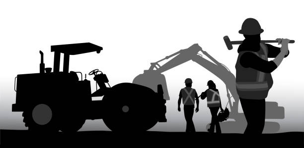 Illustration in silhouettes of a road repairs construction site.